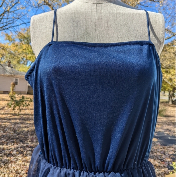 Vintage 70s Blue Pleated Plus Size Dress - Picture 6 of 7